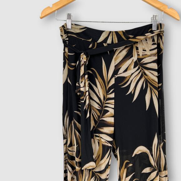 ReVamped Wide Leg Flare Tropical Palm Print Tie Waist Pants - Picture 3 of 7